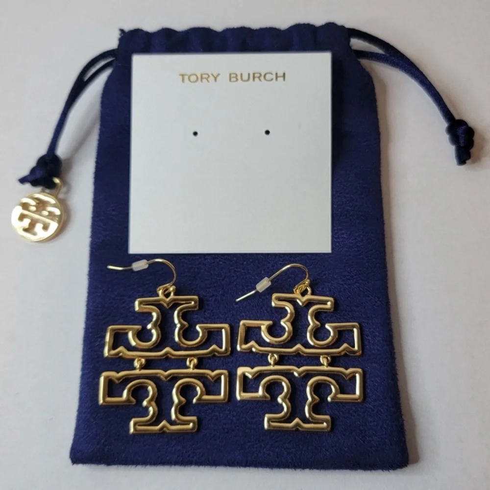 NEW Auth. Tory Burch Britten Logo Drop Earrings (Gold), on TB Earring Card